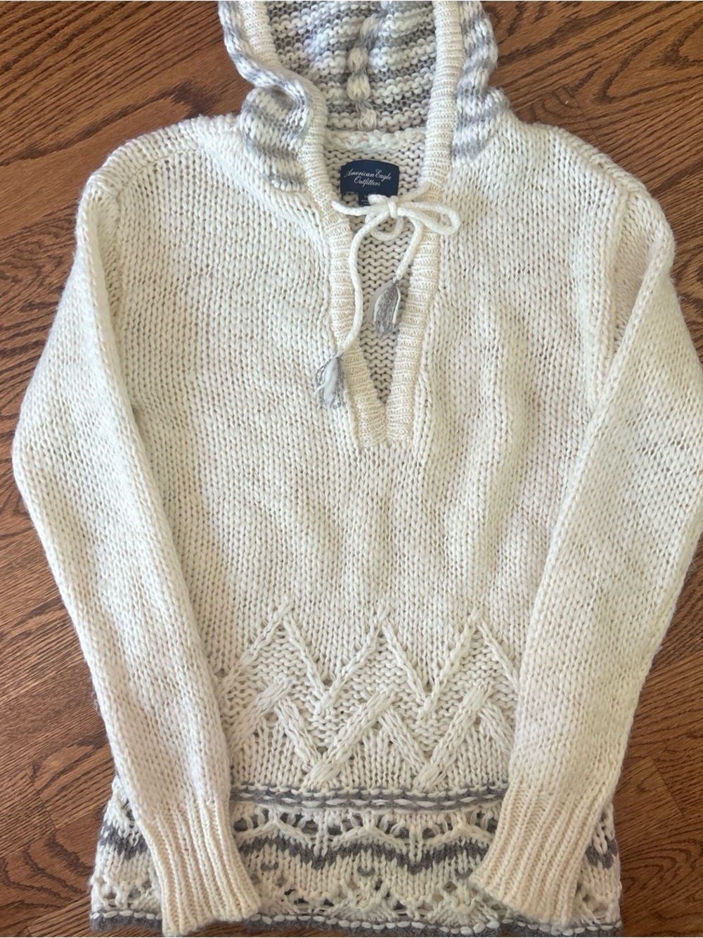 American Eagle Cream Hooded Knit Sweater with Patterned Hem
